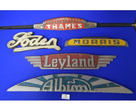 Five Vintage Lorry Nameplates; Foden, Thames, Leyland, Albion and Morris 