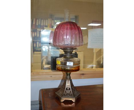 Victorian Oil Lamp with Etched Cranberry Glass Shade 