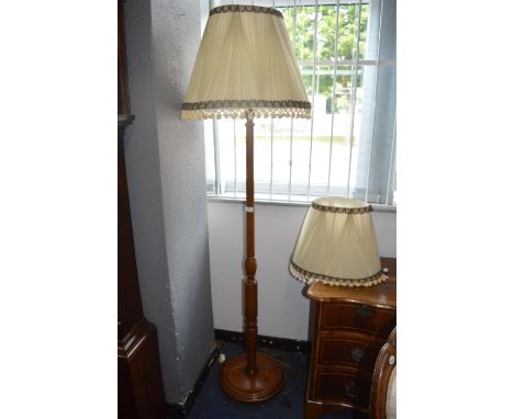 Turned Mahogany Standard Lamp with Cream Shade and One Matching Spare 