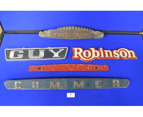 Five Vintage Lorry Nameplates; Commer, Robinson, Guy, Thames, and Atkinson