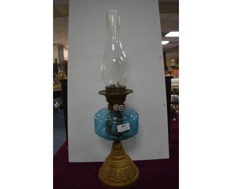 Victorian Oil Lamp with Brass Base and Blue Glass Reservoir 