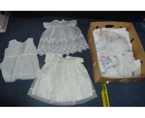 Three Vintage Child's Dresses and Embroidered Tablecloths and Linens 