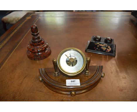 Turned Marble Inkwell, Paper Mache Inkwell, and a Desk Barometer 