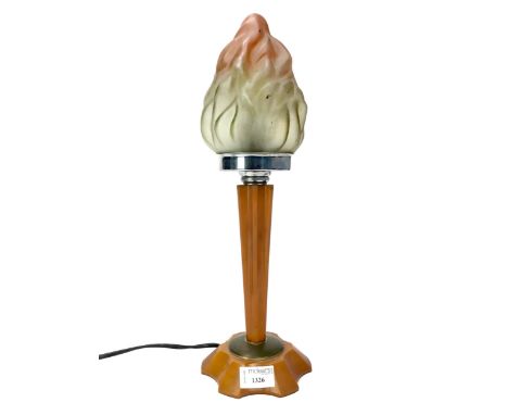 ART DECO TABLE LAMP WITH A GLASS FLAME SHADE, over a Bakelite tapered column and round base, 41cm high overall