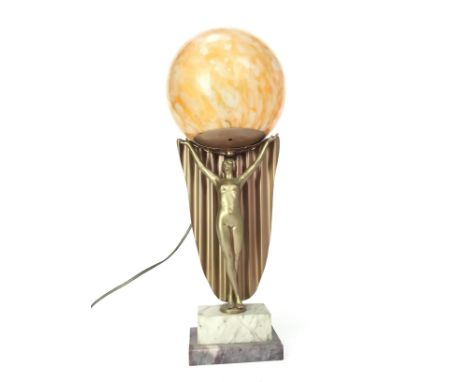 ART DECO FIGURAL TABLE LAMP, formed as a lady modelled with arms upstretched, on stepped rectangular base, with glass shade, 