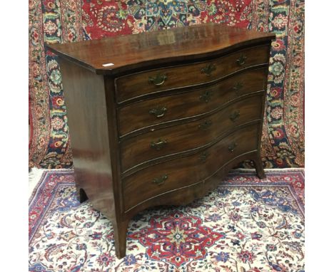 MAHOGANY SERPENTINE CHEST OF HEPPLEWHITE DESIGN, with four long graduated cockbeaded drawers, on splayed bracket feet, 102cm 