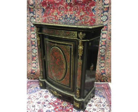 MID 19TH CENTURY BOULLE PIER CABINET, the bowed centre with shelving enclosed by a single panel door, flanked by caryatids, o