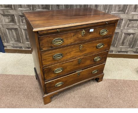 GEORGE III BACHELORS MAHOGANY CHEST, of four long graduated cockbeaded drawers with brushing slide above, on bracket feet, 79