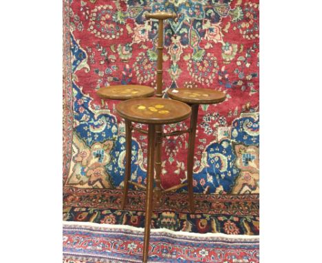 INLAID CAKE STAND, with fruitwood inlaid floral decoration, on tripod supports, 85cm high