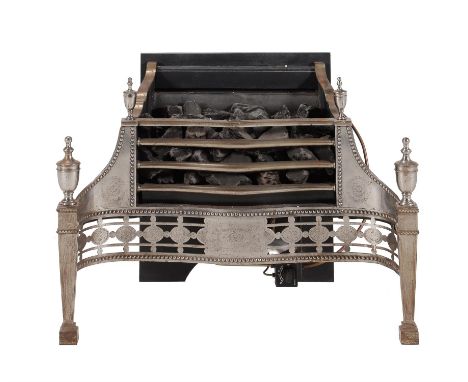 An engraved steel basket grate in George III style, incorporating period elements, later fitted for gas, with railed basket f