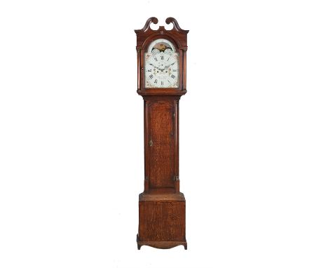 An oak longcase clock case, circa 1780, containing an associated later eight-day clock movement with 13inch painted dial insc