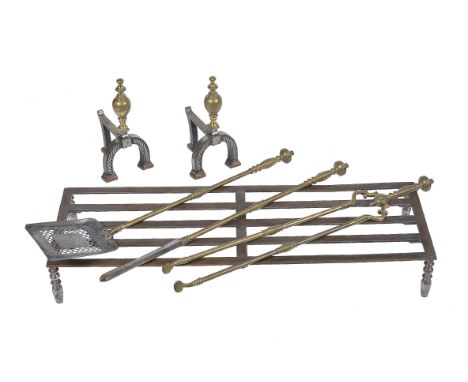 A collection of fireplace furniture, to include; a set of early Victorian brass and steel mounted fire tools, circa 1850, to 