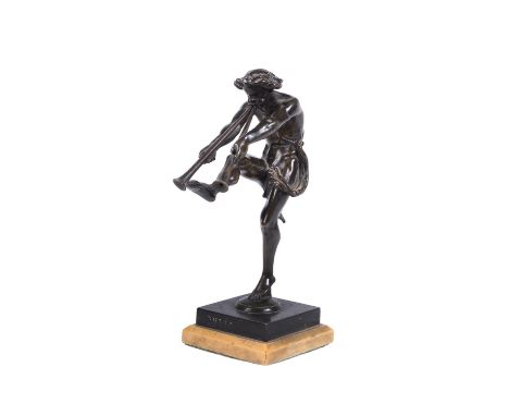 After Jean Bulio (French, 1827-1911), a patinated bronze model of a musician satyr, late 19th century, portrayed dancing and 