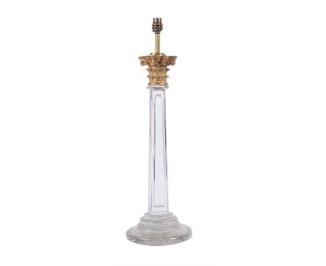 A cut and moulded glass columnar table lamp, 20th century, with Corinthian column capital above a faceted stem and spreading 