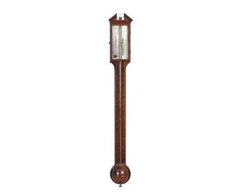 A George III mahogany mercury stick barometer, Charles Aiano, London, circa 1810, with open triangular pediment above line-ed