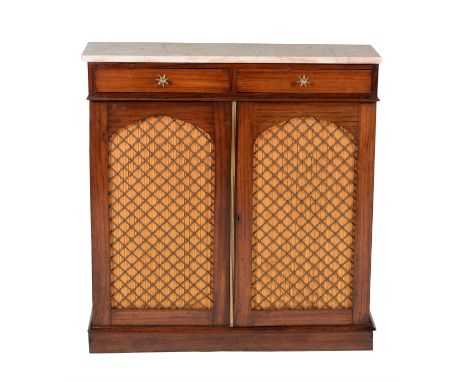 A Regency goncalo alves side cabinet, circa 1820, in the manner of John McLean, the Carrara marble top above the rounded pane