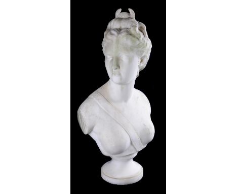 After Jean-Antoine Houdon (French, 1741-1828), a sculpted white marble bust of Diana, the deity portrayed looking to dexter, 