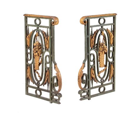 A pair of Continental, probably French, green and gold painted cast and wrought iron railing ends, second half 19th century, 