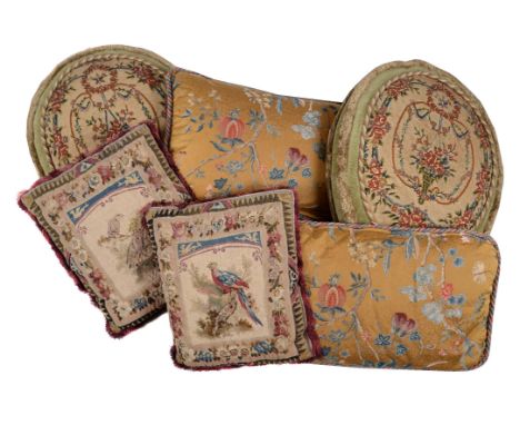 Three pairs of cushions, of recent manufacture but some incorporating antique tapestry elements, comprising one pair with pan