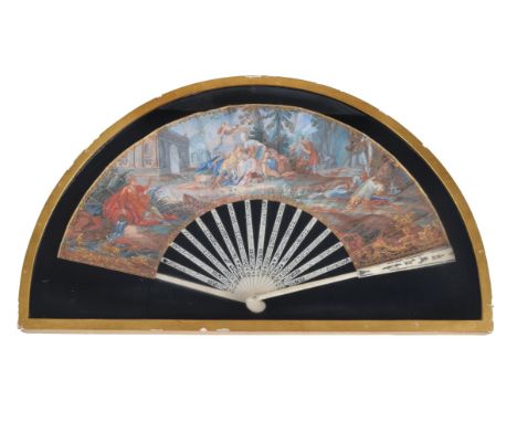 Y A French or Italian gouache, paper and ivory mounted fan, late 18th century, the leaf painted with a figural scene, probabl