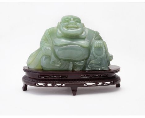 A modern jade seated Budai, 34cm wide, wood standProvenance: From a Private Collection Condition Report: In good condition ot