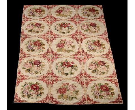 A wool work wall hanging, decorated with roses, approximately 365cm x 213cmCondition Report: The rug bears some light stainin