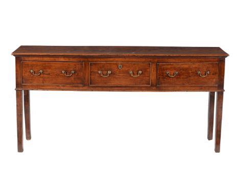 A George III elm dresser base, late 18th century, 82cm high, 168cm wide, 38.5cm deep Condition Report: Marks, knocks, scratch