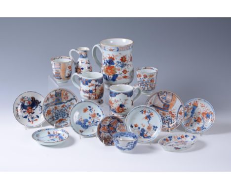 A group of fifteen Chinese Imari wares, Kangxi (1662-1722), all decorated in iron red and with gilt, including a mug with flo