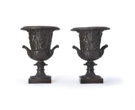 A pair of Continental patinated bronze models of the Medici Vase, after the Antique, 19th century, French or Italian, each of