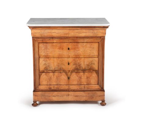 A Louis Phillipe figured walnut and marble mounted commode, circa 1840, 104cm high, 97.5cm wide, 52cm deepCondition Report: M