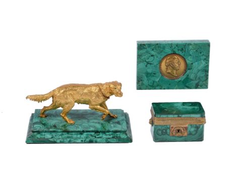 A Russian malachite veneered and gilt metal mounted casket, second half 19th century, of rounded rectangular form, the hinged