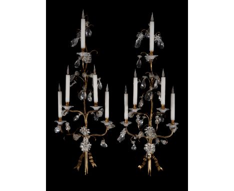 A pair of large brass and clear glass five light wall appliques in Louis XV style, 20th century, the slender scroll branches 