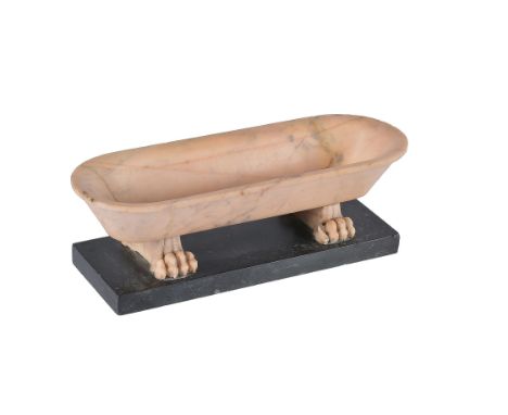An Italian Grand Tour Siena marble souvenir model of a Roman bath, second half 19th century, the oval basin raised on paw fee