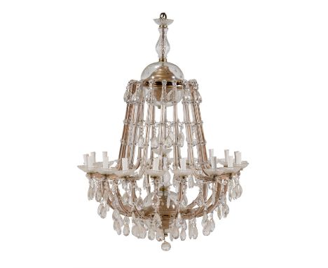 A Continental, probably Bohemian, brass and clear glass mounted eighteen branch chandelier, second half 20th century, the fra