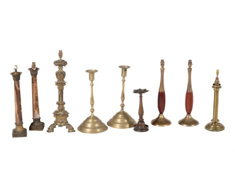 A collection of eight various table lamps, to include; a pair of gilt metal and jasper columnar table lamps, English or Frenc