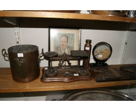A COLLECTION viz a telescope, letter scales, a book rack, a cork picture, a musical instrument and a few other pieces