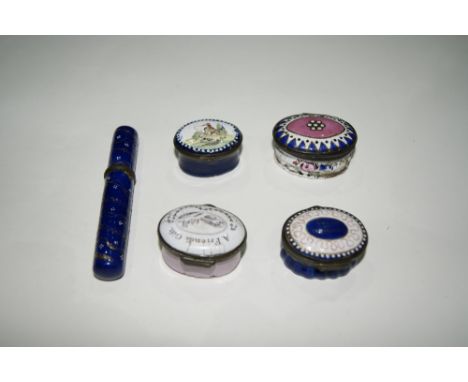AN ENGLISH BLUE ENAMEL BODKIN CASE and four Staffordshire enamel pill boxes, two with inscriptions
