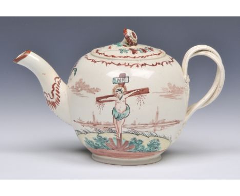 AN ENGLISH, PROBABLY LEEDS, CREAMWARE TEAPOT and cover, each side painted with a scene of Christ on the cross, circa 1780