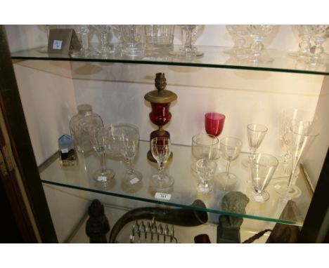 THREE 18TH CENTURY ALE GLASSES, two with facet stems, a small ruby glass lamp, a finger bowl and other glassware