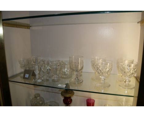 AN ENGRAVED RUMMER, George R Grant, a set of four hobnail glasses and a few other smaller glasses