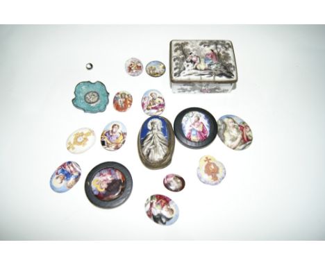 AN ENAMEL SNUFF BOX and a collection of miniature enamel plaques, circa 1800, including religious and other subjects