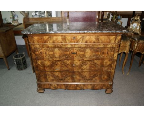 A 19TH CENTURY MAHOGANY BEDERMEIER MARBLE TOP COMMODE fitted four drawers, 130cm
