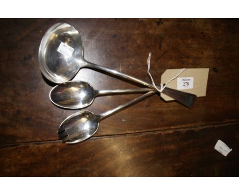 AN OLD ENGLISH PATTERN SILVER LADLE together with a pair of modern Onslow pattern silver salad servers, 341 grams