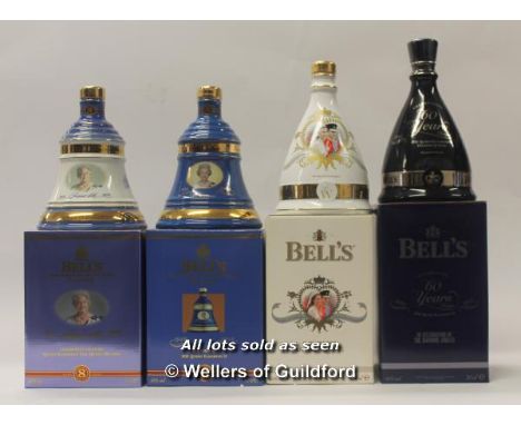Bell's Scotch Whisky: four full commemorative decanters, the Queen's diamond jubilee, the wedding of the Duke and Dutchess of