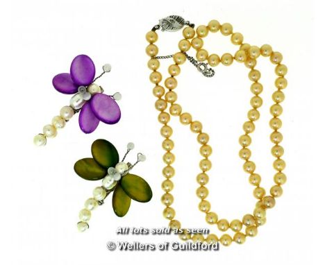 *Two Butler &amp; Wilson pearl and mother of pearl dragonfly brooches, and an imitation pearl necklace (Lot subject to VAT)