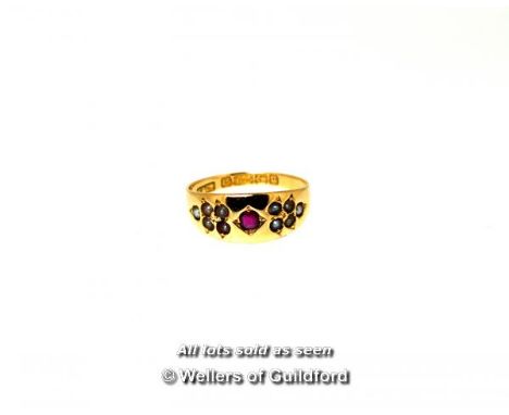 Ruby and seed pearl ring mounted in 15ct yellow gold, gross weight 2.5 grams, ring size L½