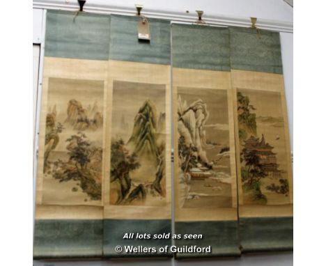 Four Chinese scroll paintings depicting landscapes,each 92 x 24.5 overall.