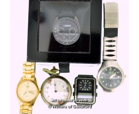Four watches and a pocket watch, including a Timex and Pulsar