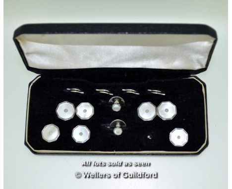 Vintage mother of pearl cufflinks, studs and buttons set, mounted in a hexagonal design in white metal stamped silver, a/f, o