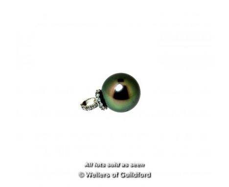 *Black South Sea pearl and diamond pendant, 13.5mm black South Sea pearl with a white metal bail stamped as 18ct, set with ro